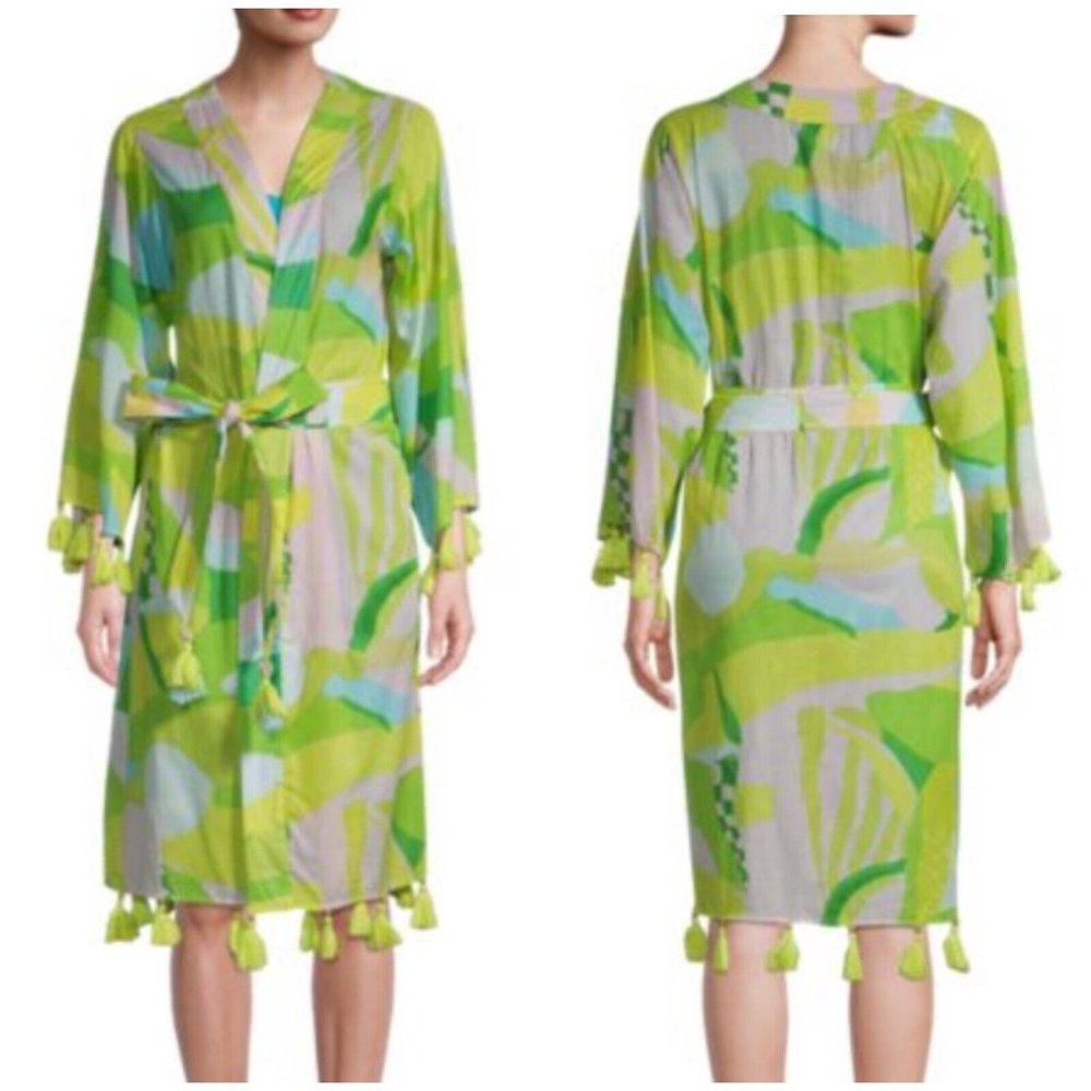True Destinations Kimono Robe Medium Retro 70s Green Yellow Bright Colorful Boho